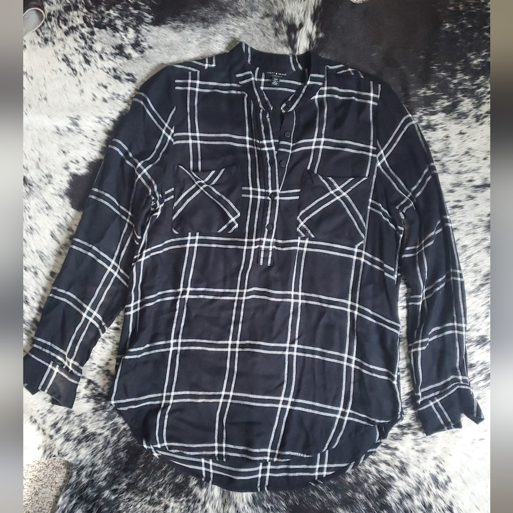 Lucky Brand Black and White Plaid Button-Down Tunic